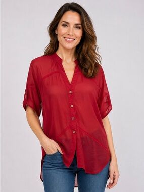 Excuse Me Miss Red Sheer Button Front Blouse Size Large Open Back, Casual